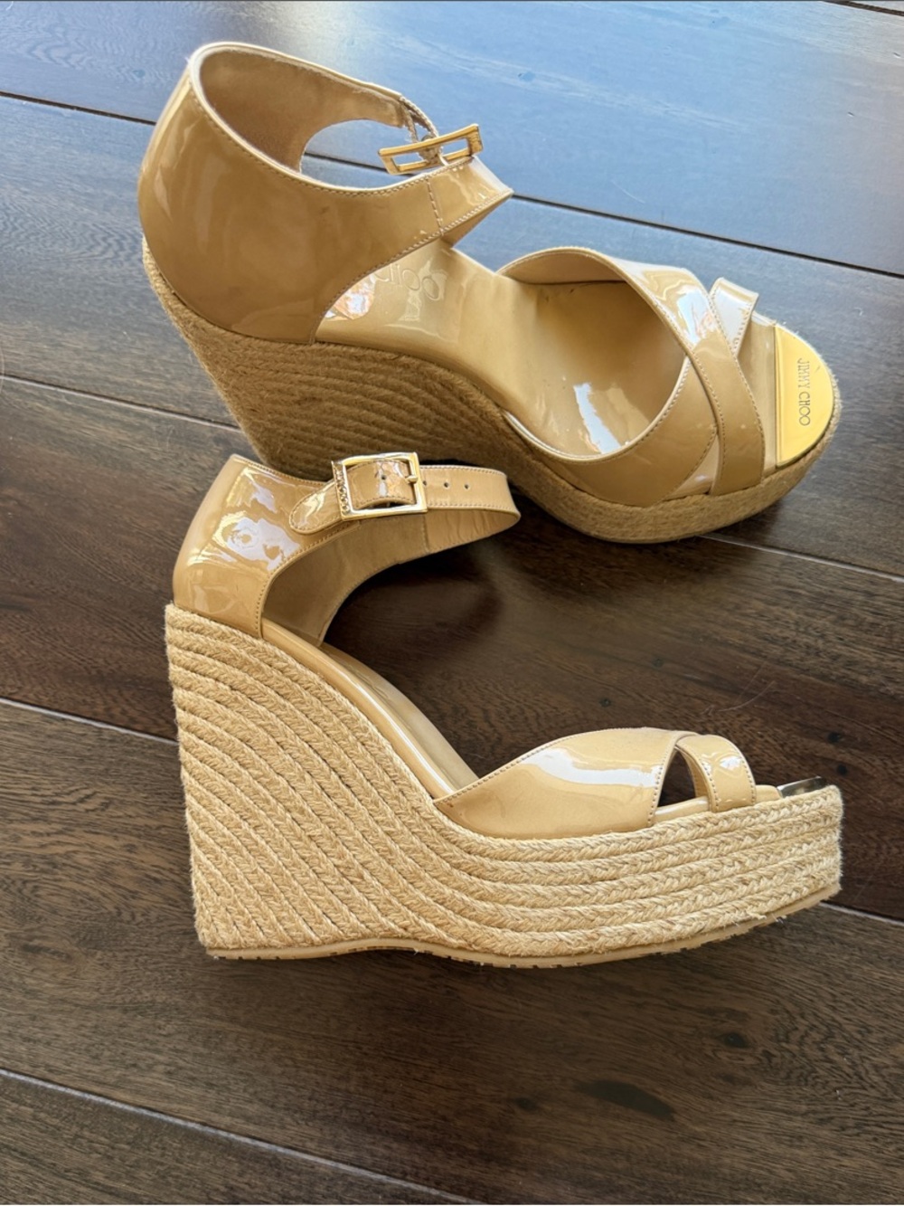 Jimmy Choo Women's Beige Patent Leather Wedge Sandals - Picture 2 of 5